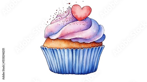 Colorful Cupcake with Frosting and Heart Decoration for Sweet Celebrations and Desserts