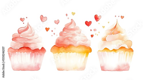 Delightful Watercolor Cupcakes with Pink Frosting and Heart Decorations for Celebrations