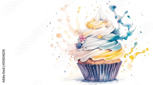 Vibrant Watercolor Cupcake with Whipped Cream Topping and Artistic Color Splashes