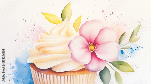 Beautiful cupcake with cream frosting and pink flower illustration on soft pastel background