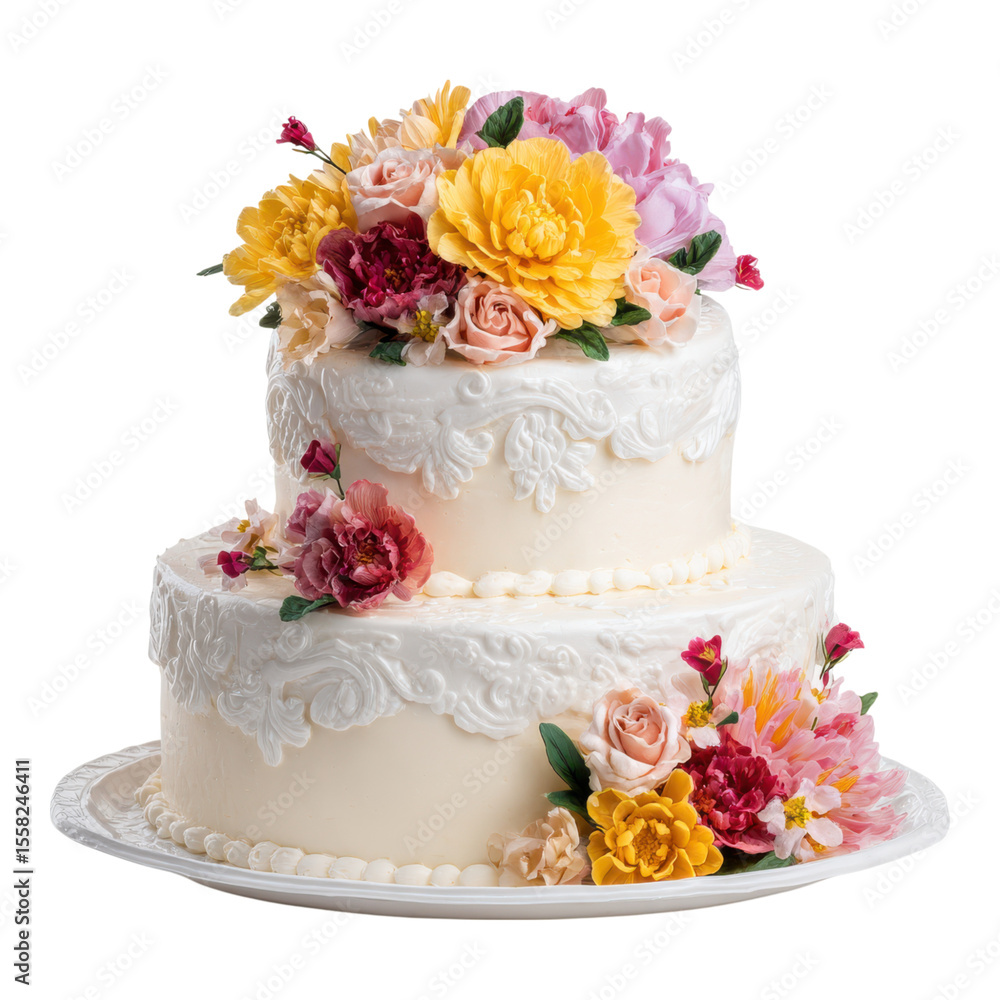 Elegant two-tier wedding cake decorated with vibrant flowers and intricate lace design for special occasions Elegant two-tier wedding cake decorated with vibrant flowers and intricate lace design for special occasions