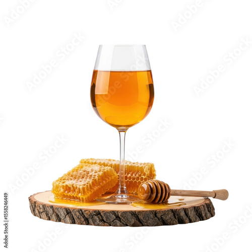 A glass filled with a golden honey based drink or mead, accompanied by natural honeycomb pieces and a wooden honey dipper, all resting on a rustic wood slice.