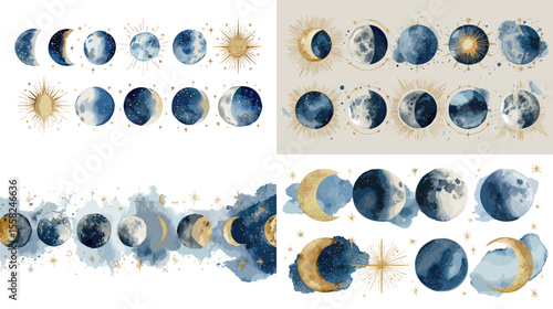 Elegant watercolor moon phases with gold accents and stars, ideal for celestial design, mystical decor, and spiritual-themed visuals.

