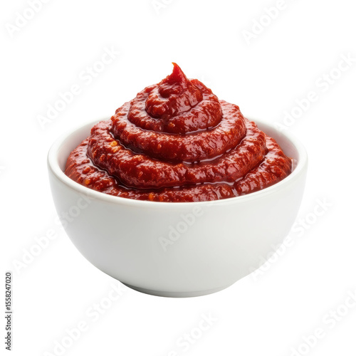 A vibrant red chili paste or rich tomato sauce is swirled in a white bowl, ready for cooking or dipping.