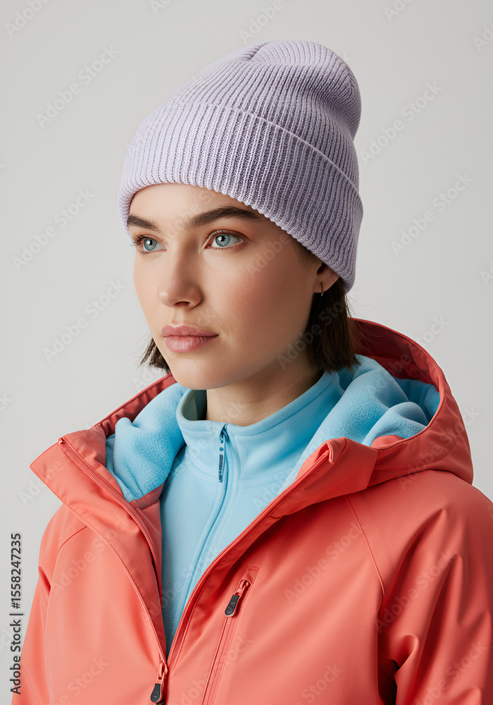 Woman wearing a light purple beanie and a coral jacket Woman wearing a light purple beanie and a coral jacket