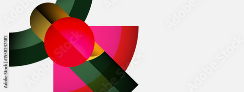 Abstract composition features vibrant geometric shapes. Red circle intersects gold, green, pink elements. Minimalist design, clean background.