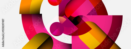 Abstract composition. Overlapping colorful shapes create dynamic visual effect. Pink, red, yellow hues dominate design. Modern, geometric style.