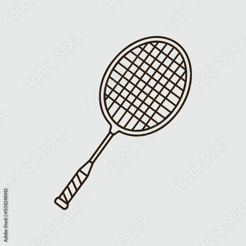 Simple black line drawing of a badminton racket on a light gray background