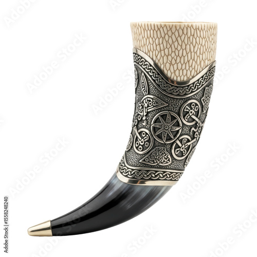 An ornate viking drinking horn featuring detailed silver toned metalwork with celtic knot patterns and a textured bone like rim, perfect for historical reenactments.