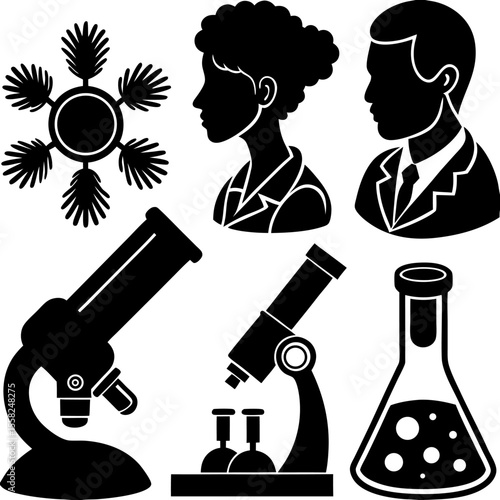 Collection of black silhouette science icons including scientists microscopes and laboratory equipment on a white background