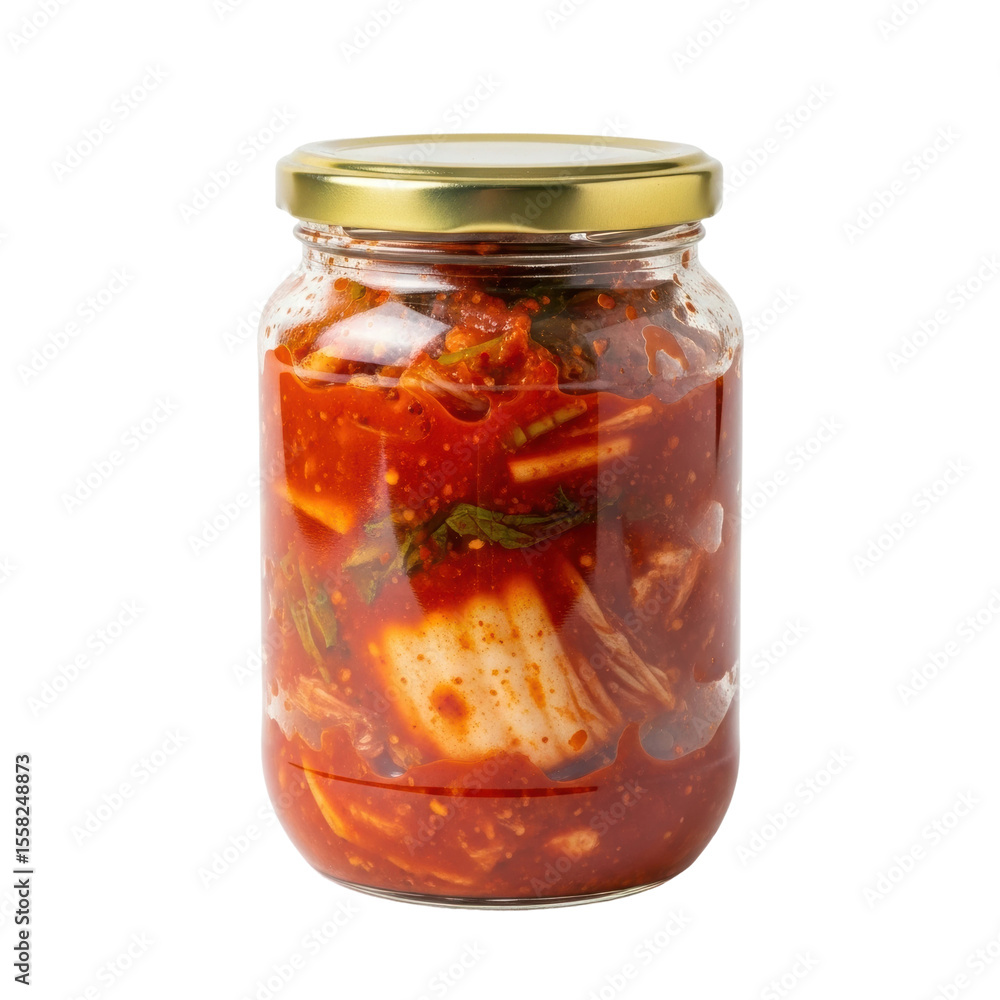 A glass jar filled with vibrant red kimchi, a spicy and savory korean fermented cabbage dish. Perfect for food blogs, recipe sites, or culinary promotions. A glass jar filled with vibrant red kimchi, a spicy and savory korean fermented cabbage dish. Perfect for food blogs, recipe sites, or culinary promotions.