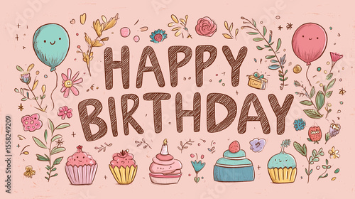 Cute background wallpaper with Happy Birthday logo and cake