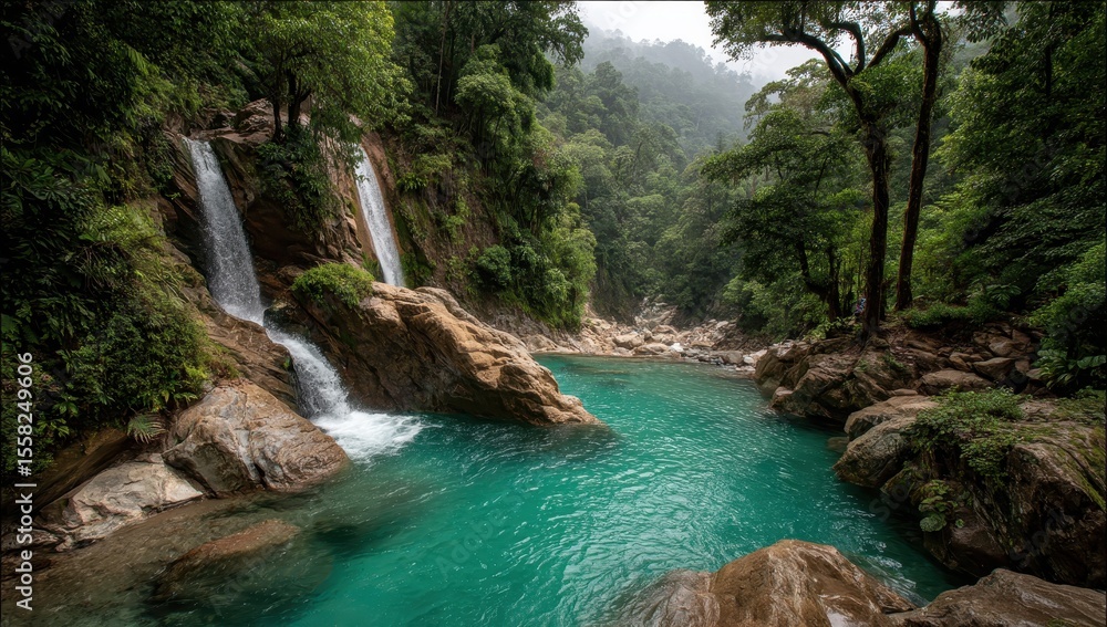Naklejka premium Serene Waterfall Cascading into Crystal Clear Pool Surrounded by Lush Green Forest and Misty Mountains in Tranquil Nature Scene