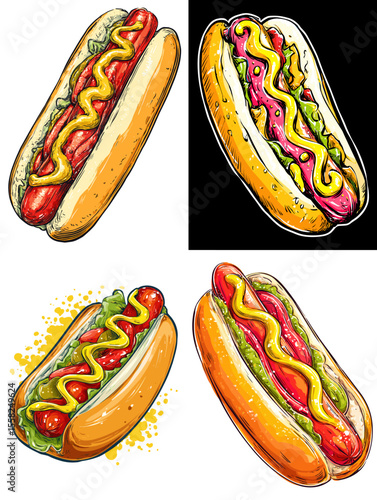 Colorful cartoon hotdog illustrations with mustard and relish in various styles and backgrounds, ideal for food branding, stickers, and fast food content.

