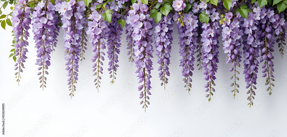 Naklejka premium Cascading wisteria blooms elegantly on a clean background, perfect for floral designs, invitations, or spring themed presentations.
