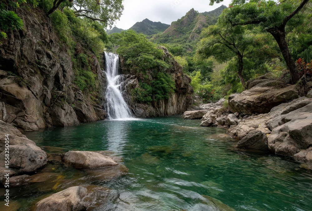 Fototapeta premium Serene Waterfall Cascading into Crystal Clear Pool Surrounded by Lush Greenery and Rocky Terrain in Majestic Mountain Landscape