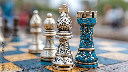 Detailed Silver and Blue Chess Pieces on Artistic Checkered Board in Outdoor Setting