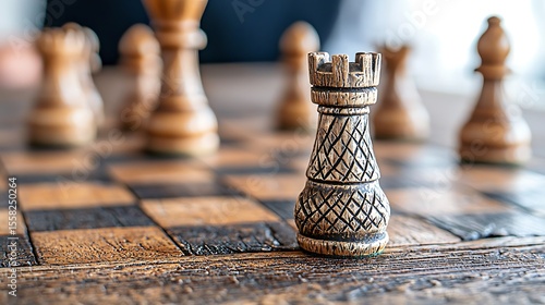 Close-Up of a Wooden Chess Rook on a Vintage Chessboard During a Game