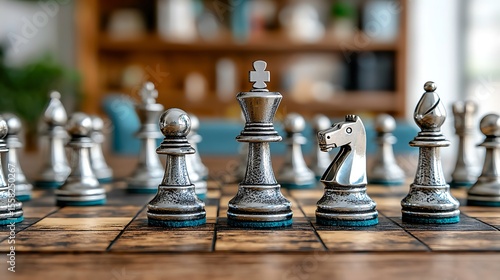 Elegant Silver Chess Pieces Strategically Positioned on a Wooden Board in a Cozy Setting
