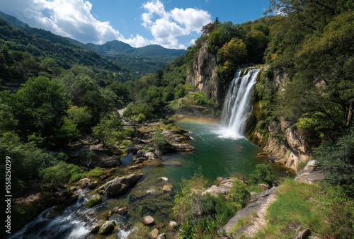 Serene Waterfall Cascading into Pristine Lake Surrounded by Lush Greenery and Majestic Mountains Under Bright Blue Sky with Fluffy White Clouds