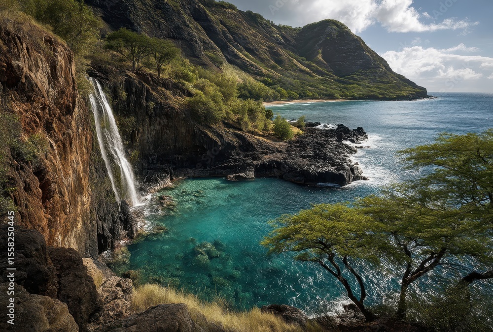 Fototapeta premium Serene Waterfall Cascading into Stunning Turquoise Pool Surrounded by Lush Greenery and Rocky Coastline Under a Beautiful Sky