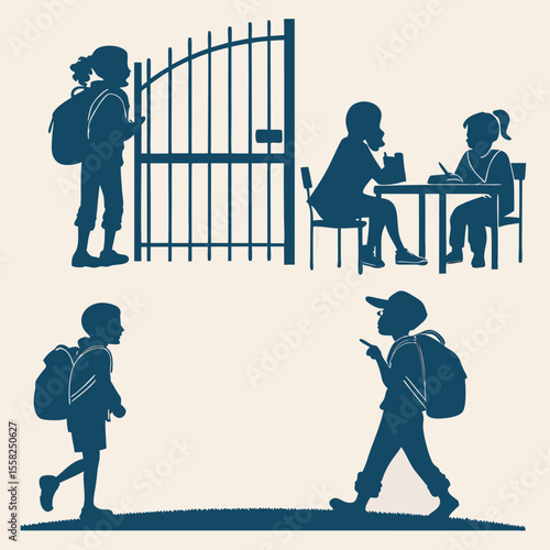 Silhouettes of diverse children engaged in various school activities including arriving at a gate studying at a table and walking to school carrying backpacks