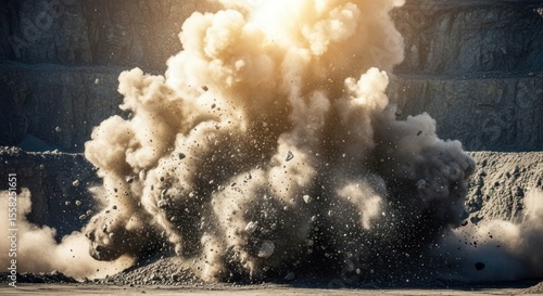 Dust cloud eruption in a quarry landscape after blasting rocks