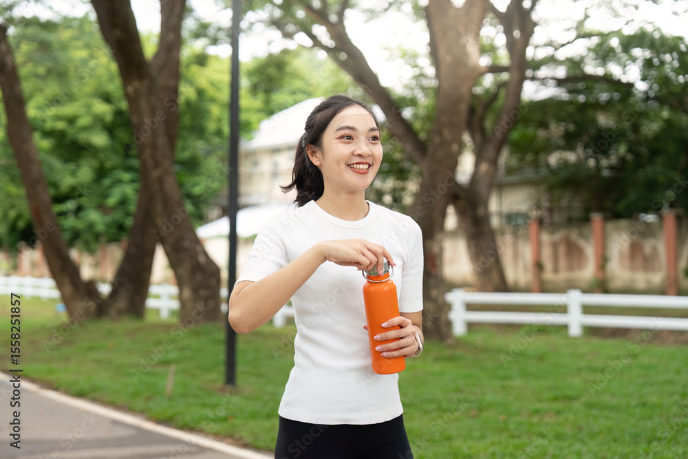 Active Lifestyle and Hydration. Young woman smiling while holding orange water bottle in park. Active Lifestyle and Hydration. Young woman smiling while holding orange water bottle in park.