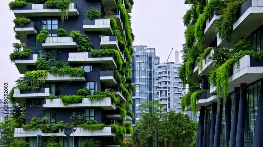 Panoramic shot of a futuristic eco-friendly city with vertical gardens on skyscrapers Panoramic shot of a futuristic eco-friendly city with vertical gardens on skyscrapers