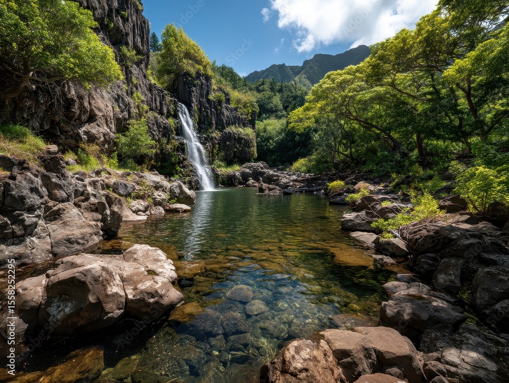 Serene Waterfall in Lush Green Forest with Crystal Clear Pool Surrounded by Rocky Landscape and Majestic Mountains Under Bright Blue Sky Serene Waterfall in Lush Green Forest with Crystal Clear Pool Surrounded by Rocky Landscape and Majestic Mountains Under Bright Blue Sky