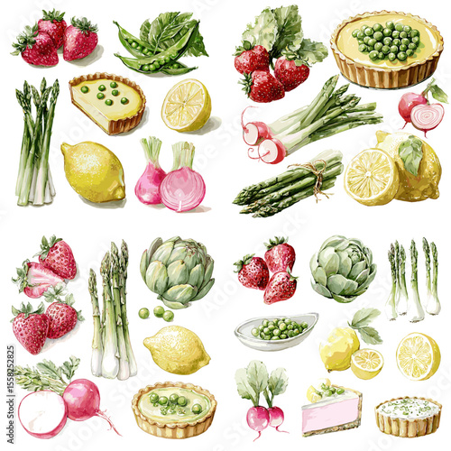 Watercolor illustration of fresh fruits and vegetables including strawberries, asparagus, lemon, and artichoke, perfect for food design and packaging.


