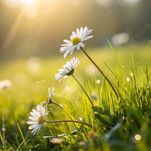 Beautiful Daisies Blooming in Morning Sunlight on a Fresh Green Meadow