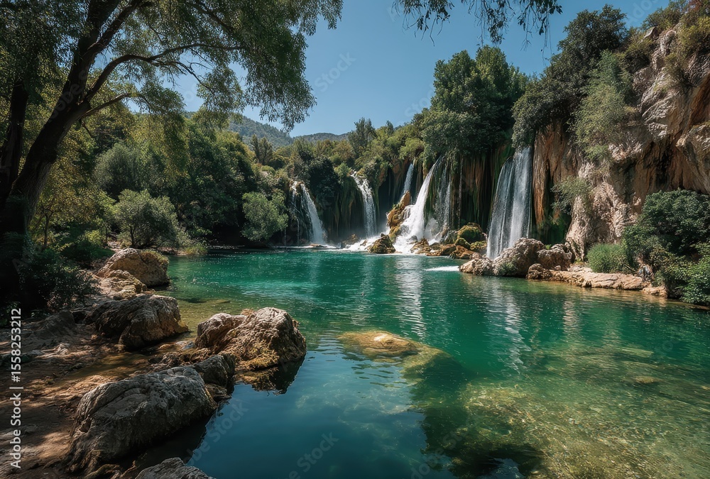Naklejka premium Serene Waterfall Surrounded by Lush Green Trees and Clear Blue Water in a Beautiful Natural Landscape