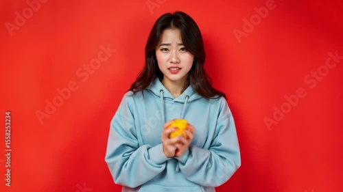 Anxious Woman Holding Stress Ball, Expression of Overwhelm and Control, Against Red Background