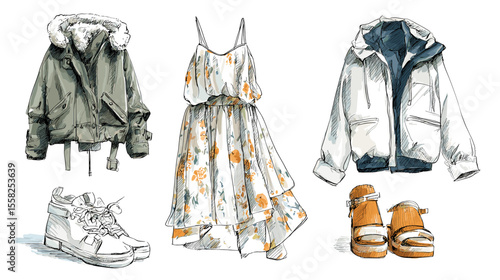 Colored fashion sketch of women's casual clothing including jacket, sneakers, floral dress, and sandals, perfect for seasonal outfit presentations.

