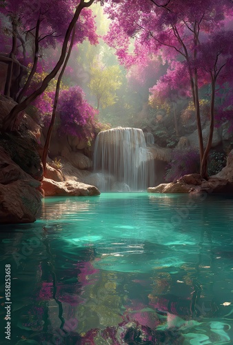 Serene Waterfall Surrounded by Lush Pink Trees Reflecting in Tranquil Pool Under Soft Sunlight in Enchanted Forest Setting