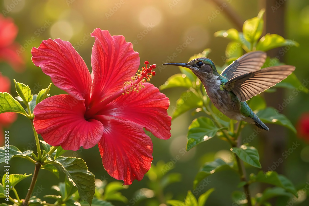 Obraz premium Close-up Hummingbird feeding on red hibiscus in the morning. soft light, side view