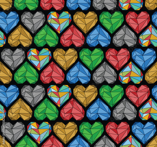 The seamless background with color crystal hearts.