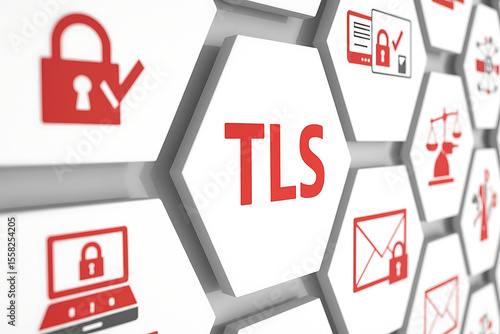 Wallpaper Mural 3D hexagonal grid with red security icons and central TLS text, featuring modern flat design elements symbolizing encrypted communication and network protection, TLS, Transport Layer Security, net
 Torontodigital.ca