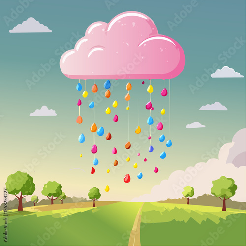 A cloud raining candy instead of water – sweet dreams and surprises.
