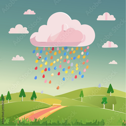 A cloud raining candy instead of water – sweet dreams and surprises.
