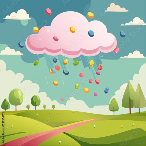 A cloud raining candy instead of water – sweet dreams and surprises.
