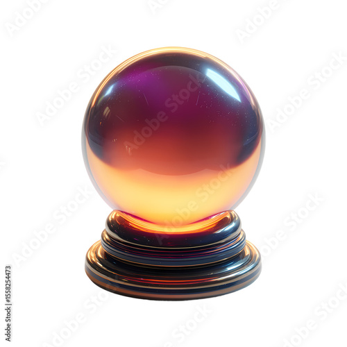 3d icon of a glowing crystal ball with purple and orange reflections isolated on transparent background