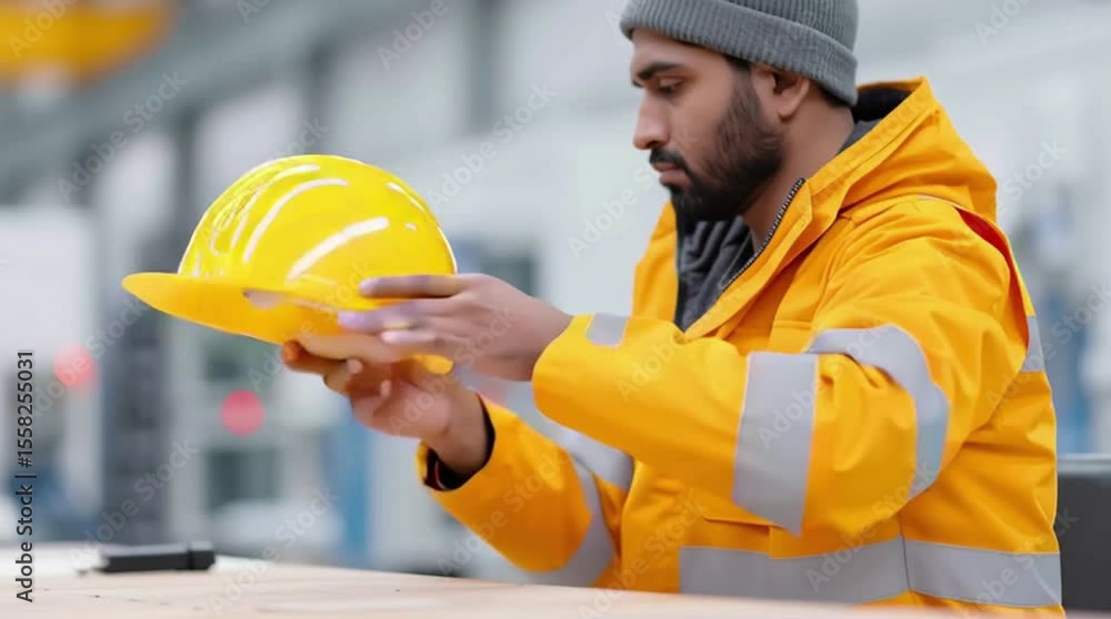 A tired industrial worker in yellow uniform and helmet sits at his workstation, putting on his hard hat while showing signs of exhaustion and stress in a factory setting. A tired industrial worker in yellow uniform and helmet sits at his workstation, putting on his hard hat while showing signs of exhaustion and stress in a factory setting.