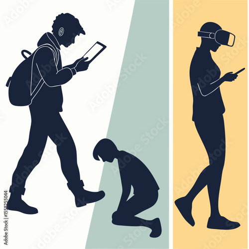 Silhouettes of people engrossed in technology like tablets and virtual reality headsets ignoring a person kneeling in distress