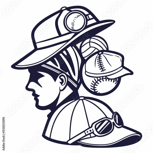 Stylized profile silhouette of a baseball player wearing multiple caps and goggles representing dedication and passion for the sport