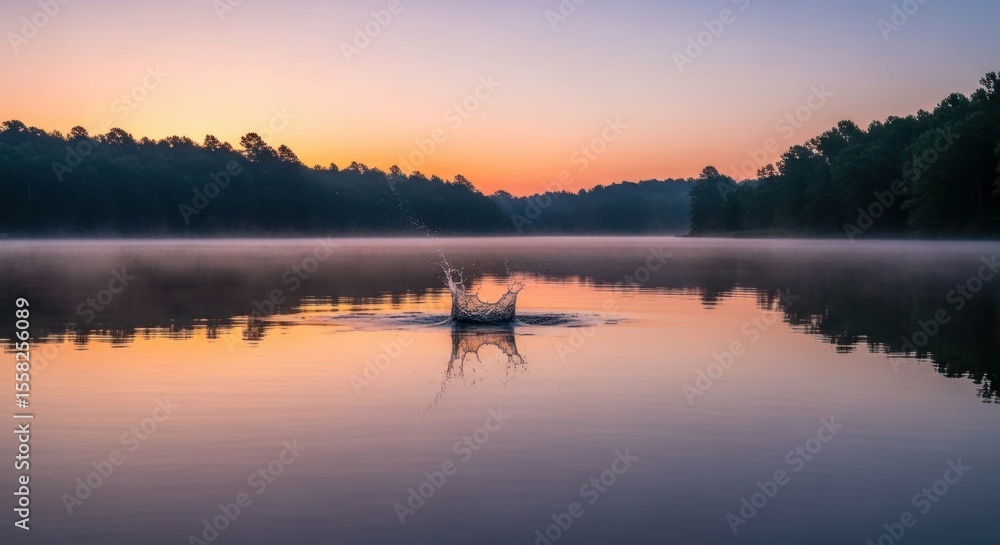 Obraz premium Water splash on lake at peaceful, serene sunrise nature background