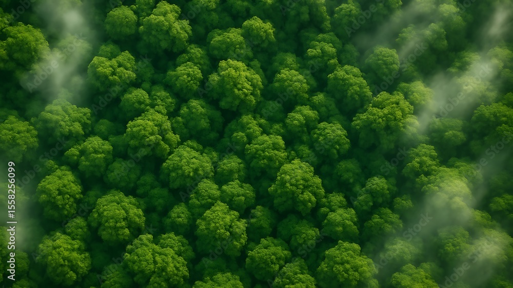 Fototapeta premium Aerial View of Lush Green Forest Canopy with Wispy Fog