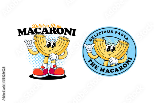 macaroni mascot character designs in retro cartoon style, including a full-body pasta character and a badge emblem. Ideal for food branding and merchandise. vector illustration