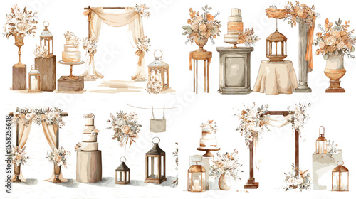 Rustic watercolor wedding decorations including floral arches, cakes, lanterns, and flower arrangements, perfect for invitations and event planning.

